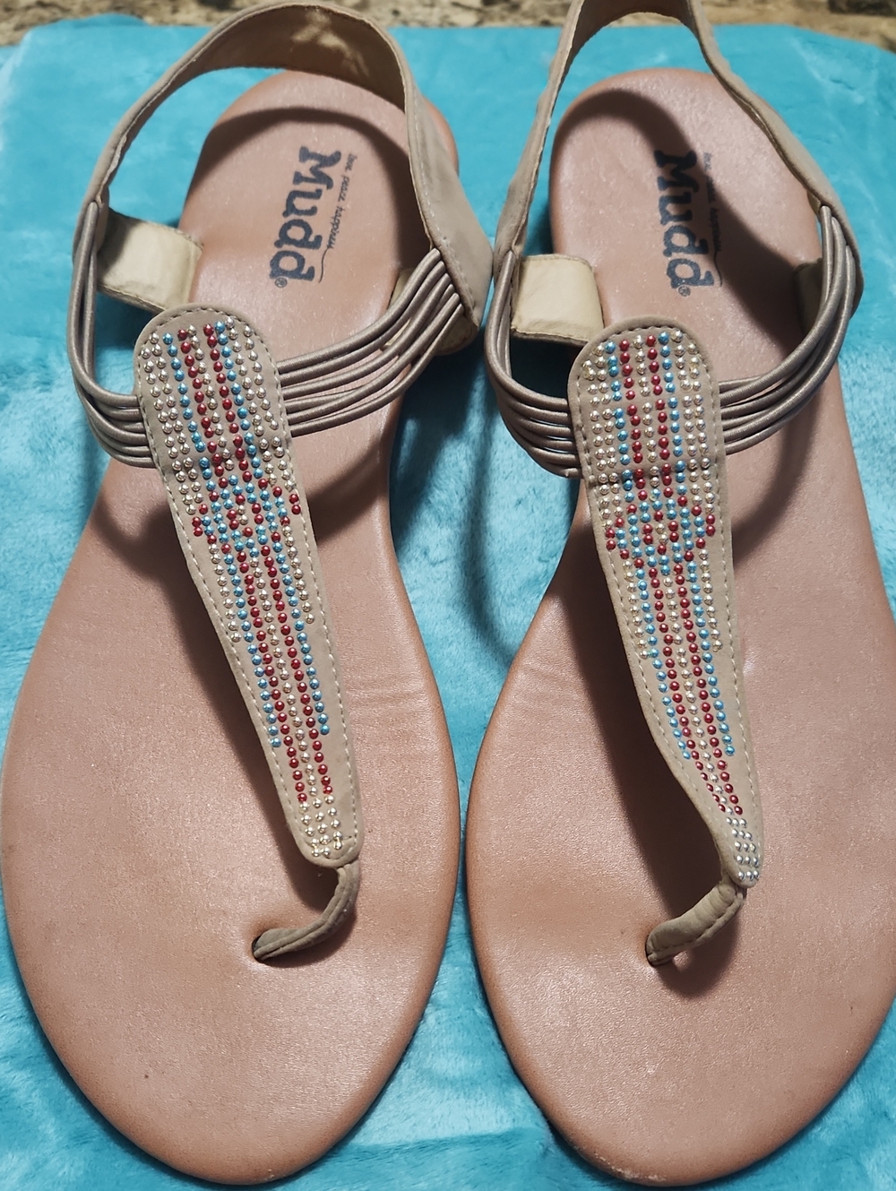 Mudd Tan T-Strap Sandals with Red & Blue Rhinestones